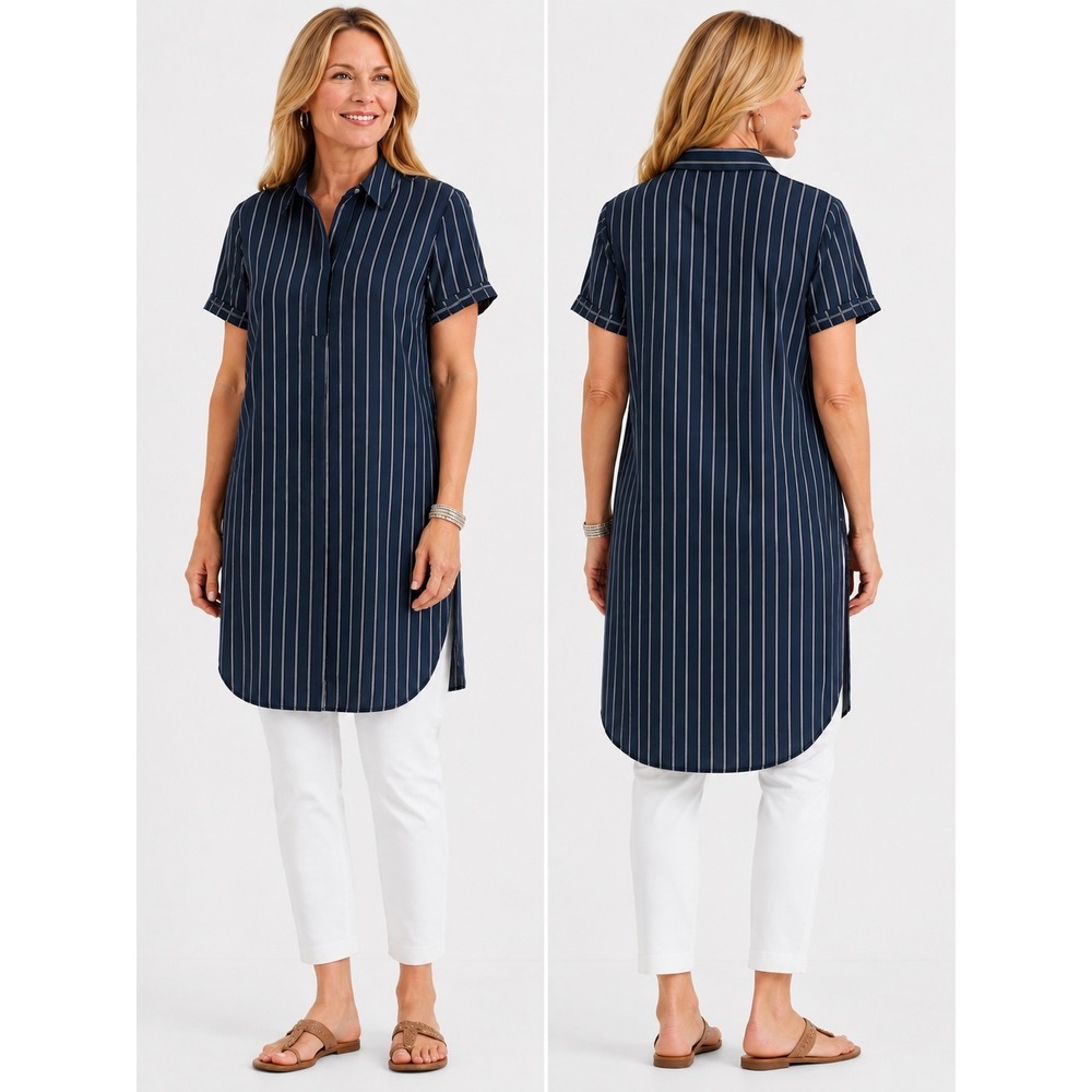 Chicos Travelers‎ Womens Small  Navy Blue White Striped Short Sleeve Tunic Shirt